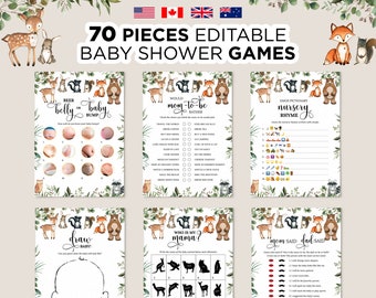 Woodland Baby Shower Games, Printable Baby Shower Games Bundle, Forest Animals Baby Shower, Editable Woodland Animals Baby Shower Games Set