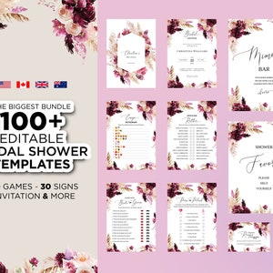 Editable Floral Bridal Shower Bundle, Printable Bridal Shower, Burgundy Merlot Wine, Bohemian Wedding Shower Games, Invitation, Decorations