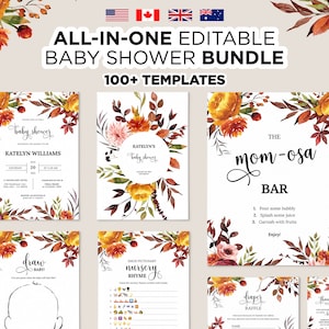 Editable Fall Baby Shower Bundle, Printable Baby Shower Games, Baby ...