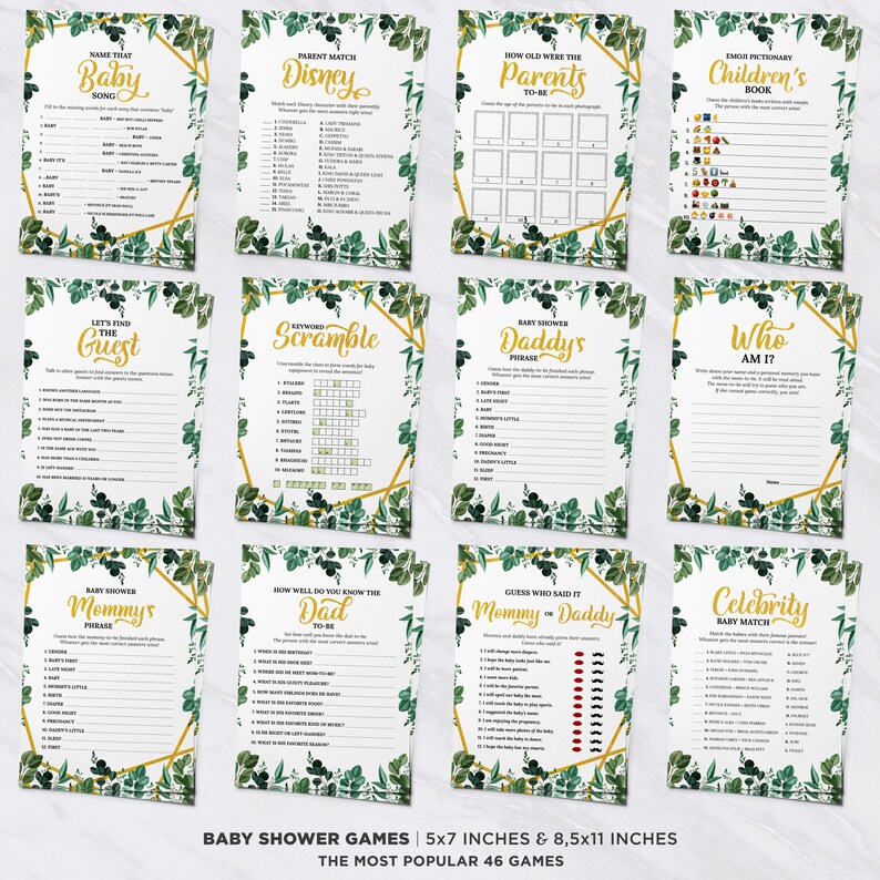 71 Pieces Baby Shower Game & Sign Bundle, Greenery, Gold, Gender Neutral, Decorations, Games, Message From The Bump, Dirty Diaper, Mad Libs image 4