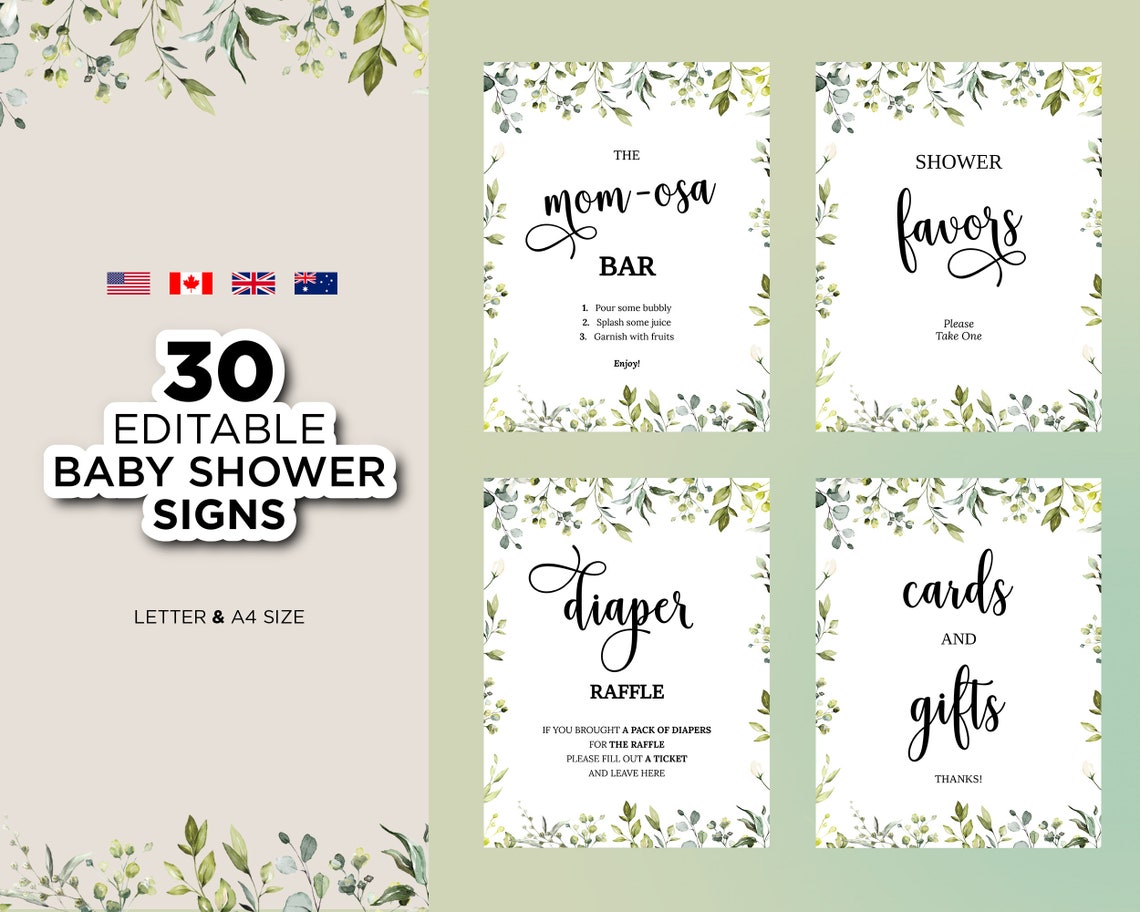 Greenery Editable Baby Shower Signs Printable Modern Foliage - Etsy