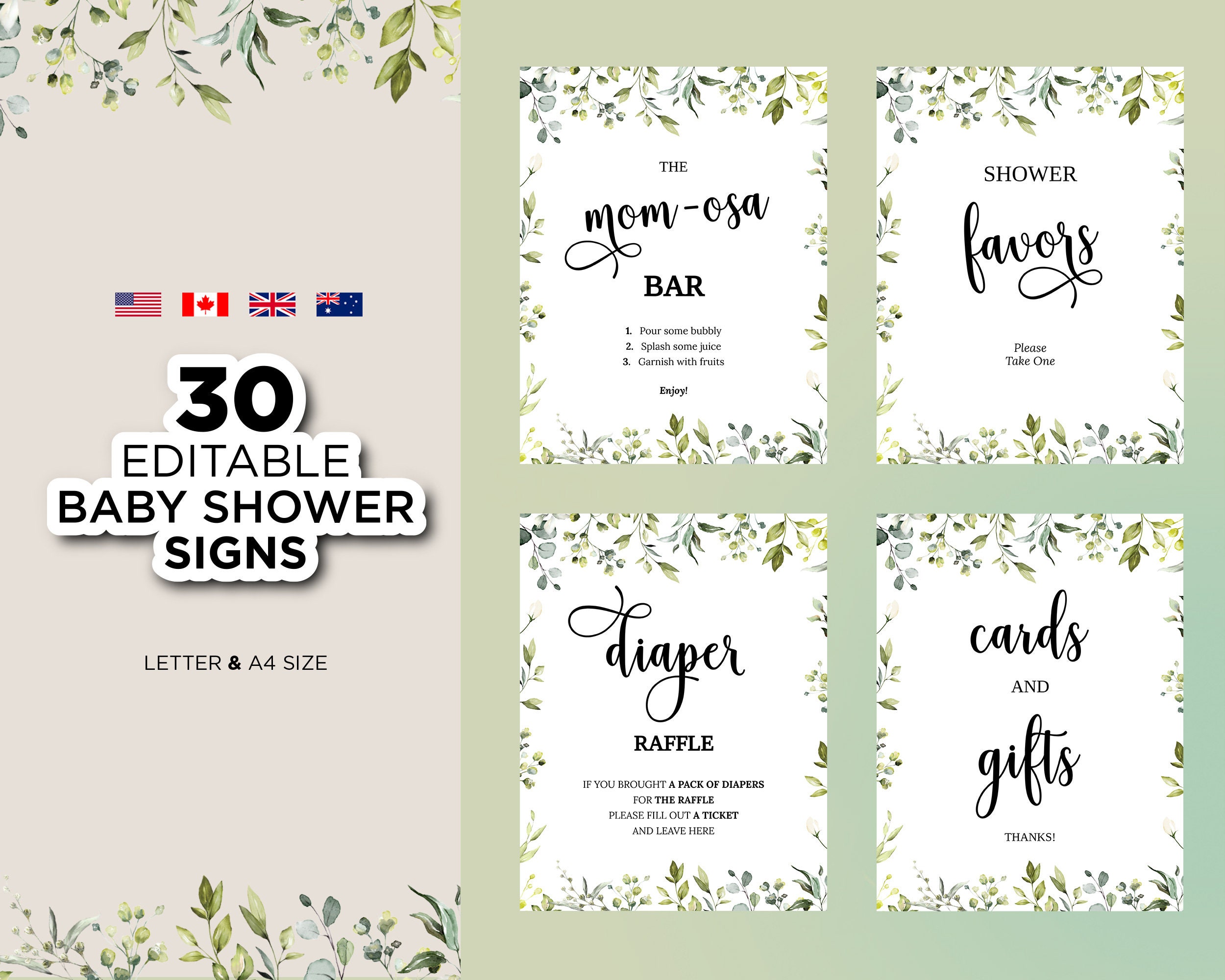 Greenery Editable Baby Shower Signs Printable Modern Foliage - Etsy