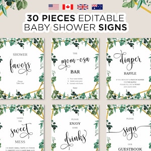 Editable Greenery Baby Shower Signs Printable Gold Foliage - Etsy