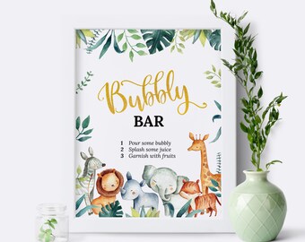 Bubbly Bar, Baby Shower Decorations, Baby Shower Sign, Safari Animals, Tropical, Gold, Gender Neutral, Safari Animals Gold Baby Shower