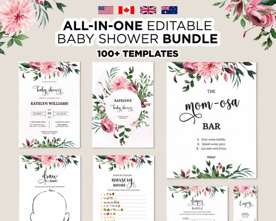 Editable Floral Baby Shower Bundle Printable Pink Blush Baby | Etsy