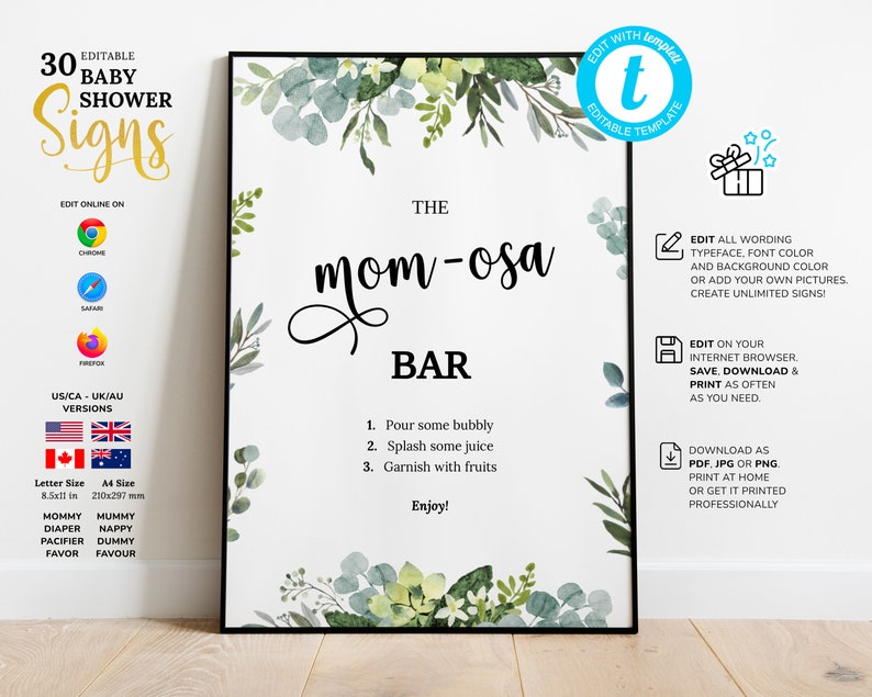 Editable Greenery Baby Shower Bundle Printable Modern Foliage | Etsy