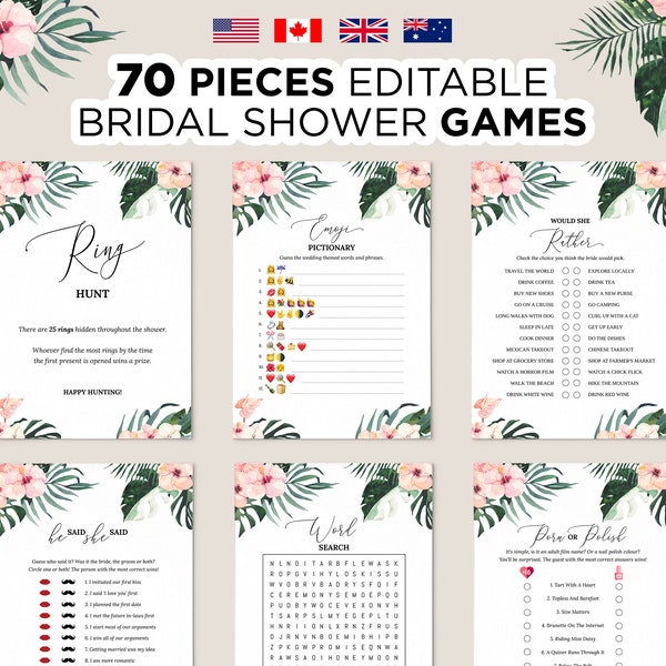Editable Tropical Bridal Shower Games, Printable Bridal Shower Games Tropical Floral, Wedding Shower Games, Pink Bridal Party Games Bundle