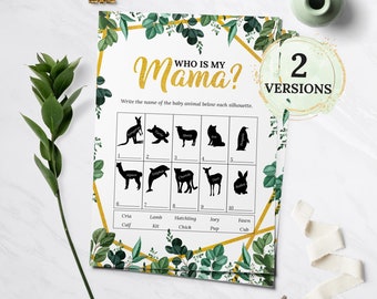 Who Is My Mama, Greenery Baby Shower Game, Baby Animal, Who Is My Mommy Game, Baby Bump Shower Activity, Green Baby Shower, Greenery II Gold