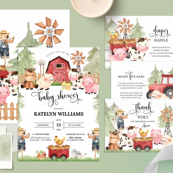 Farm Animals Baby Shower Invitation Suite, Barn Animals Baby Shower Invitation, Farm Baby Shower, Red Ranch Baby Shower Farm Animals, FA10