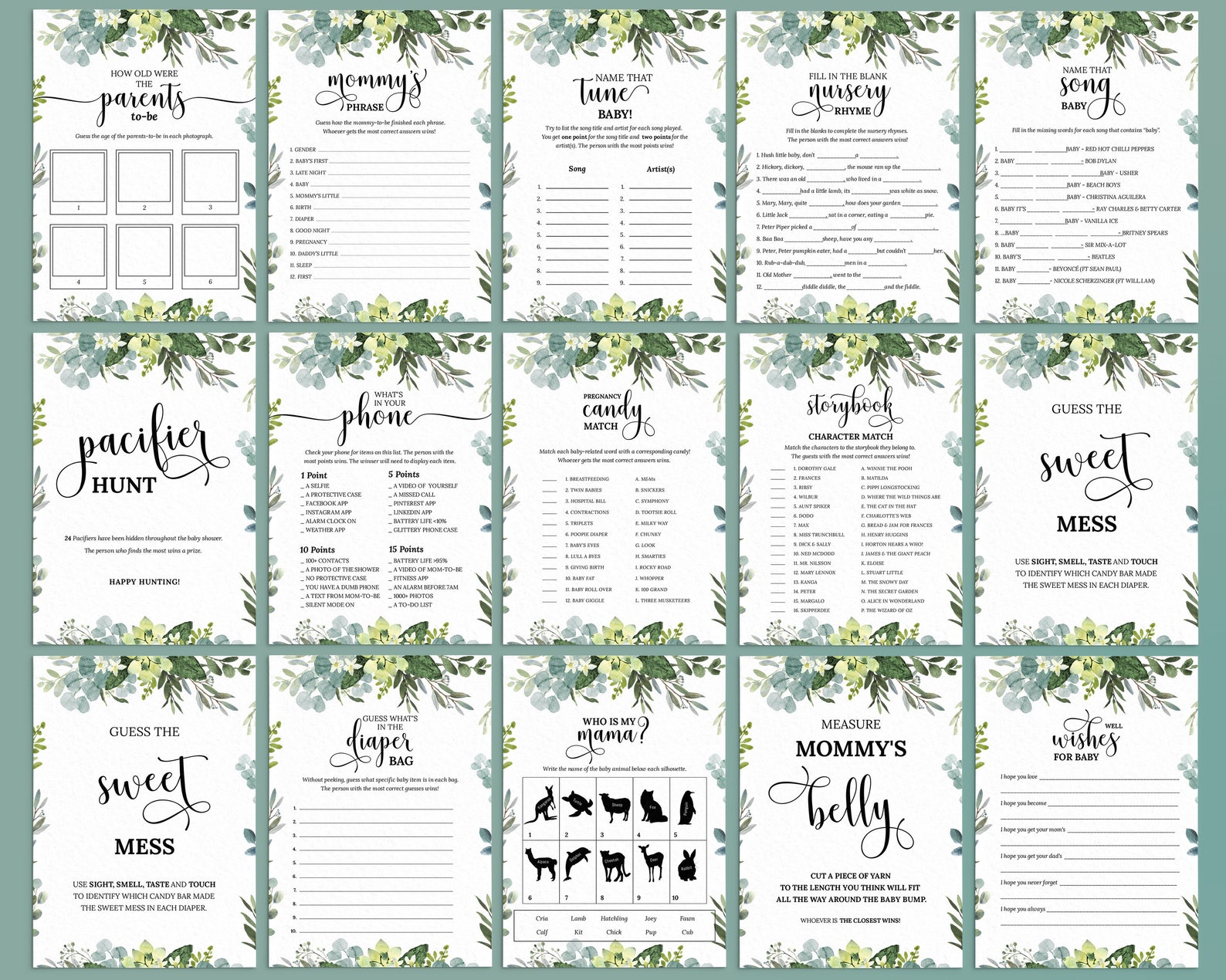 Editable Greenery Baby Shower Bundle Printable Modern Foliage | Etsy