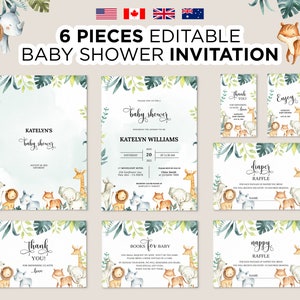 Editable Safari Baby Shower Invitation, Printable Wild One Shower Invite, Safari Animals theme, Jungle Animals Shower Invitation Template
