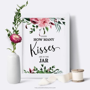 Raad eens hoeveel kusjes, babyshowerspellen, babyshowerbord, blozen, roze, groen, genderneutraal of voor meisjes, blozen bloemen Boho babyshower