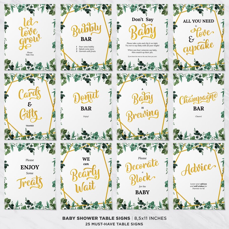 71 Pieces Baby Shower Game & Sign Bundle, Greenery, Gold, Gender Neutral, Decorations, Games, Message From The Bump, Dirty Diaper, Mad Libs image 7