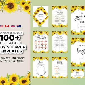 Sunflower Editable Baby Shower Bundle, Printable Summer Sunflower Baby Shower Package, Rustic Sunflower Shower Invitation, Games, Decoration