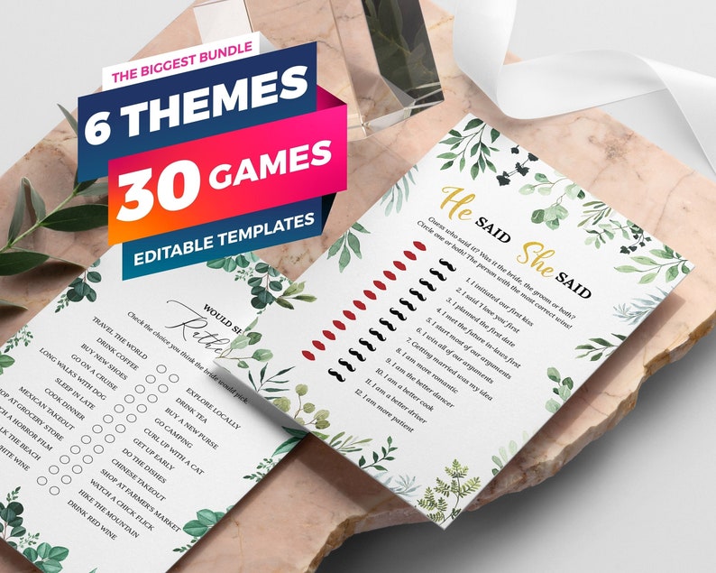 30 Editable Bridal Shower Games, 6 Greenery Themes, Bridal Shower Games Bundle, Instant Download, Wedding Shower Games, Bridal Party Games image 1