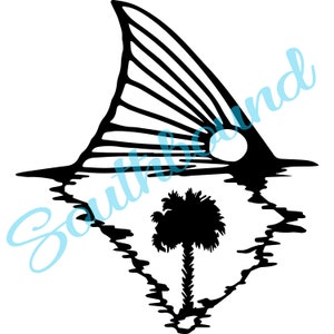 May include: Black and white silhouette of a fish tail with a sun setting behind it. A palm tree is in the foreground.