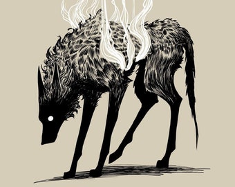 Searing Wolf Print / Smokey Art Print / 11x17 Print / Goth Art / Black and White Art / Occult Art / Spooky Art / Wall art / christmas gift