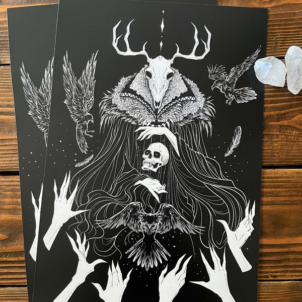 Deer Skull Mage Art Print / Crow Art Print / Art Print / Goth Art / Wiccan gift / Occult Art / Deer Skull Art / birthday gift / Witchy vibes