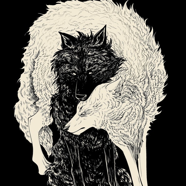 Wolf Lovers / Black and white art / art print / gifts for her / Wolf Art / art print / Christmas gift / Wiccan gift / Anniversary gift