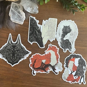 Wolf and Fox Sticker Pack / goth art / gift for animal lovers / goth stickers / dark art / animal art