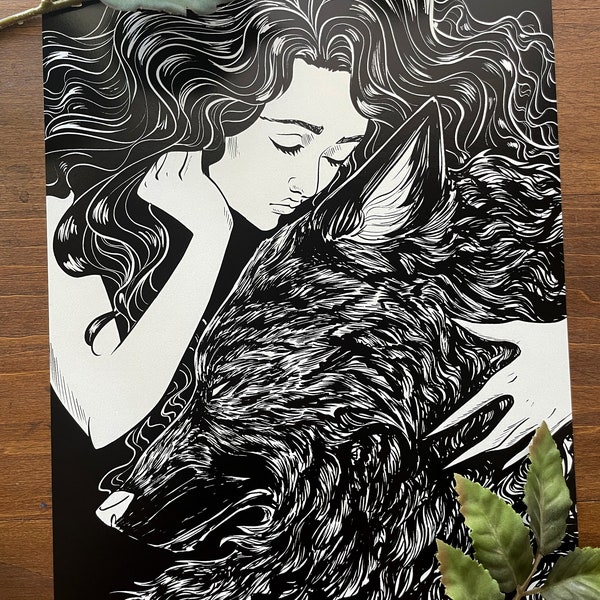 Souls / Black and white art / art print / gifts for her / Wolf Art / art print / Valentines Day gift / Wiccan gift / Anniversary gift