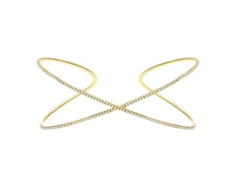 18K Criss Cross Diamond Cuff Bracelet, Flexible Thin Dainty Bangle, Gold Cuff Bracelet for Women, Wide Gold Cuff Bracelet, Valentine's Gift