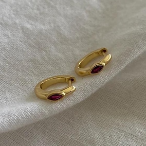 ruby earrings, birthstone earrings, gold huggies, gold hoops, sterling silver, mini hoops, dainty earrings, everyday earrings, garnet hoops
