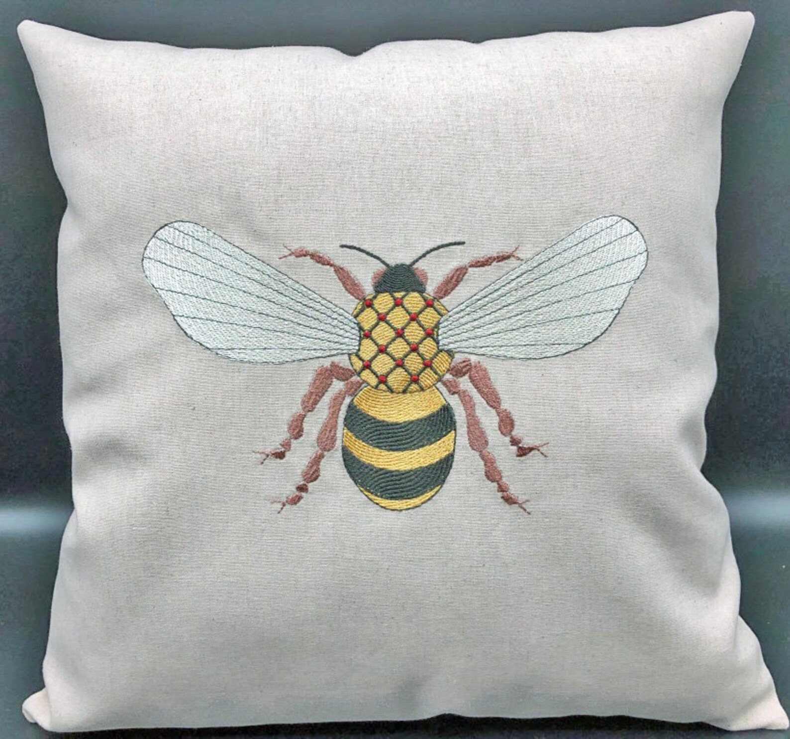 Large Bee Embroidered Linen Throw Pillow 15x 15 Etsy