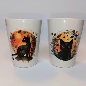 Set of 2 Black Cat Ceramic Shot Glasses, Sublimated Shot Glass, Cat Glasses, 1.5 oz Shot Glass, Ceramic Shot Glass