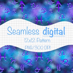 Può includere: Motivo digitale senza cuciture a tema celeste. Il design presenta vari simboli zodiacali in una vibrante tonalità viola su uno sfondo blu e viola a spirale. È incluso anche il testo "Seamless digital" e "12x12 Pattern PNG/300 DPI".
