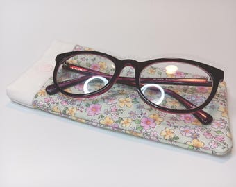 Floral Fabric Eyeglass Case, Sewn Cotton Pouch With Button