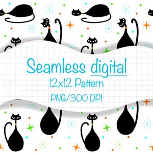 May include: A seamless digital pattern featuring stylized black cats with rainbow collars on a white background with colorful dots and starburst shapes. The text reads Seamless digital 12x12 Pattern PNG/300 DPI over a grid overlay.
