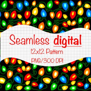 May include: A seamless digital pattern featuring a repeating design of colorful Christmas lights on a black background. The pattern is 12x12 inches and is 300 DPI.