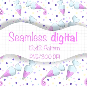 May include: A seamless digital pattern featuring repeating illustrations of pink and white pastry bags with a swirl of frosting. The background is white with scattered pastel-colored polka dots. Text reads "Seamless digital 12x12 Pattern PNG/300 DPI".