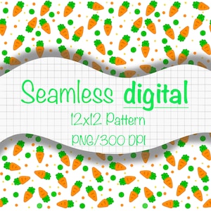 Könnte beinhalten: Ein nahtloses digitales Muster mit einem sich wiederholenden Design aus orangefarbenen Karotten mit grünen Spitzen und grünen und orangefarbenen Punkten auf weißem Hintergrund. Der Text "Seamless digital 12x12 Pattern PNG/300 DPI" wird auf einem weißen Hintergrund mit einem Gittermuster angezeigt.