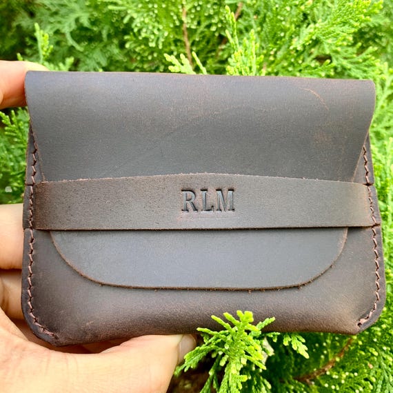 Leather Card Wallet Father's Day Gift, Full Grain Leather Card Case, Envelope Style Card Wallet with Band, Personalised Leather Gift
