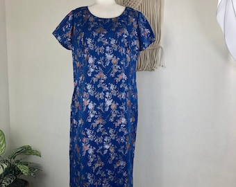 1960s vintage blue brocade matching maxi dress and jacket set size M L 10 12 cocktail formal opera eveningwear asian inspired holiday luxe