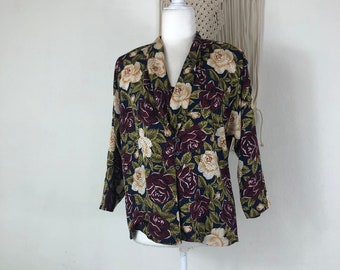 80s 90s vintage Josephine Chaus embossed satin rose floral print long sleeve blouse size 4 S lightweight polyester secretary upscale shirt