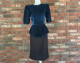 70s 80s vintage disco peplum metallic midi dress size S M cocktail special occasion evening party dress half puff sleeve shimmer festive fun