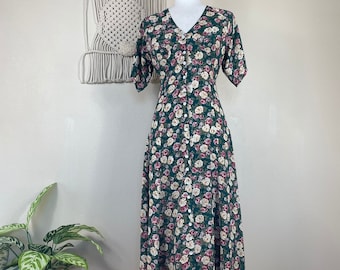 80s vintage Extra Femme Collection green floral maxi dress size 3 S Xs tea rose classic fit and flare feminine button down modest bohoo
