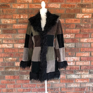 90s vintage Esprit suede patchwork shag duster coat M 8 10 goth neutral penny lane hippie boho lagenlook faux fur leather woodland glam rock