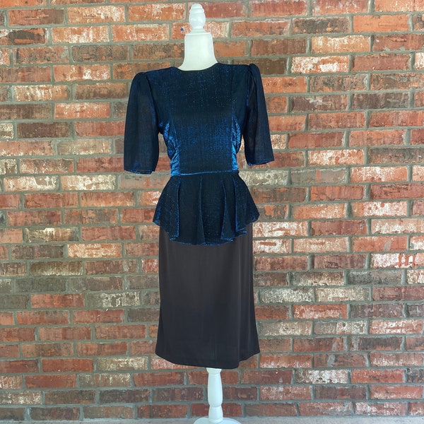 70s 80s vintage disco peplum metallic midi dress size S M cocktail special occasion evening party dress half puff sleeve shimmer festive fun
