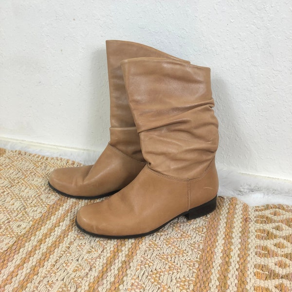 vintage 80s butterscotch tan slouchy leather pull on boots size 6.5 Liz & Co light brown boho pirate renaissance costume knee high casual