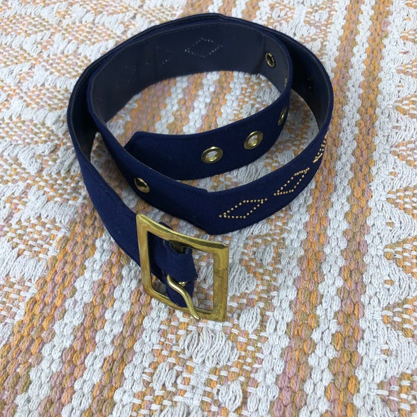 vintage navy blue jersey material belt with gold studs size S M L 32-37 inches wide hips waist belt unique accessories brass hardware
