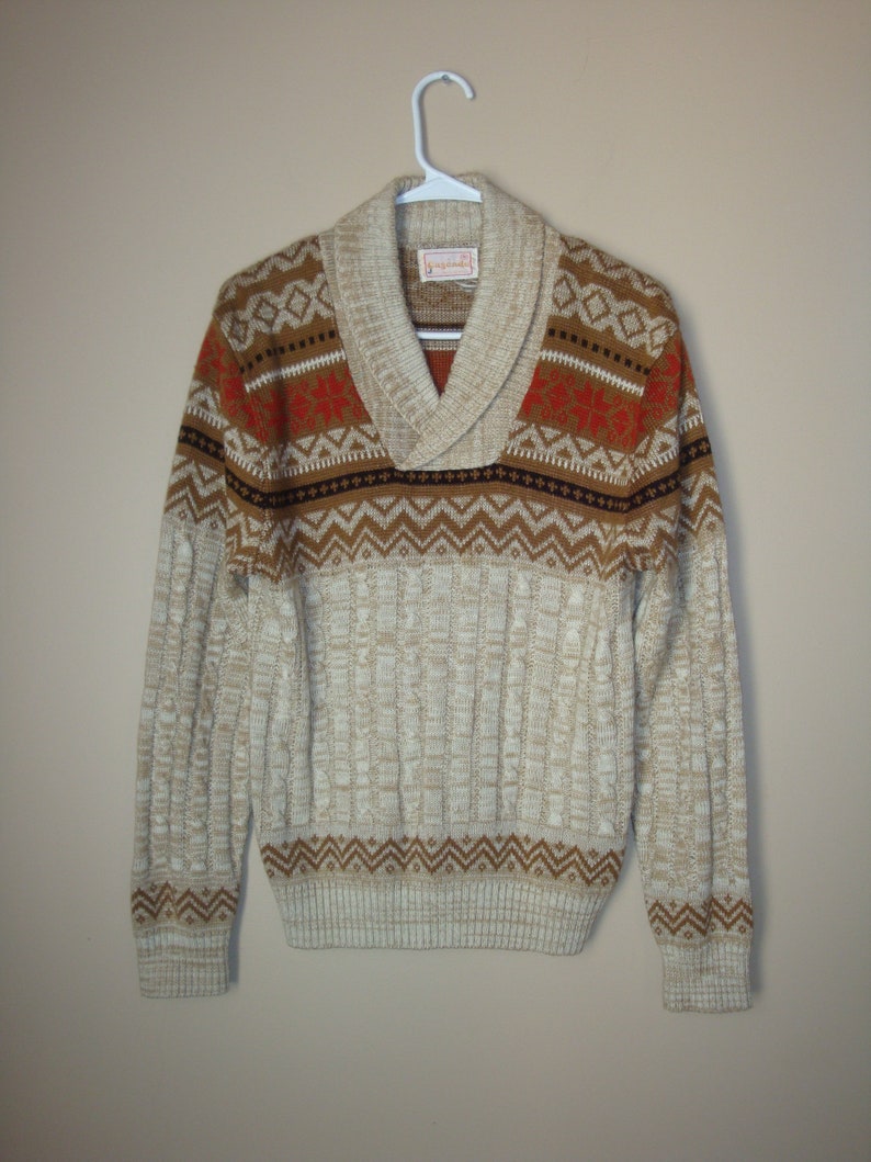 vintage cozy fair isle sweater Small 70s Cascade acrylic tan cream brown rust boho pullover cable knit the dude lebowski cardigan sweater