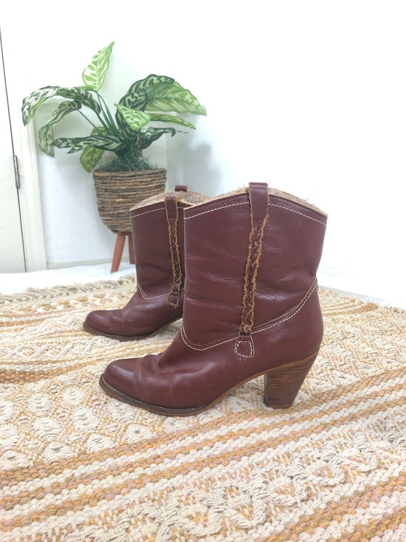 vintage maroon leather sexy boho shearling wester… - image 1