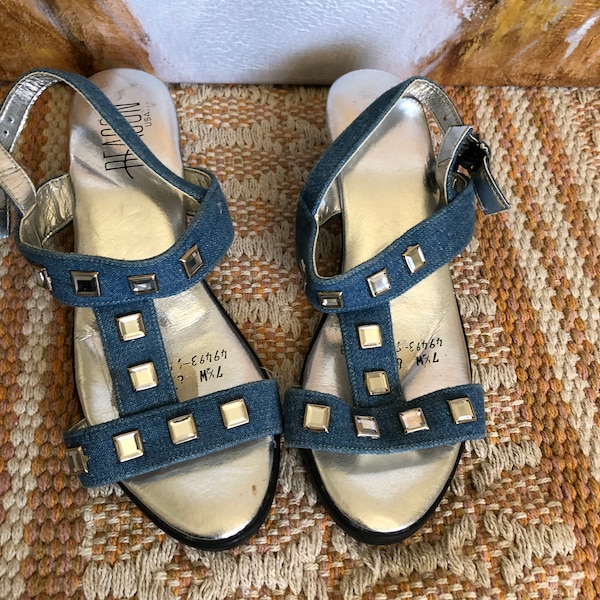90s vintage denim rhinestone T Strap block heel sandals size 7.5 W 8 Beacon USA blue jean square mirror chic luxe glam flirty summer sandals