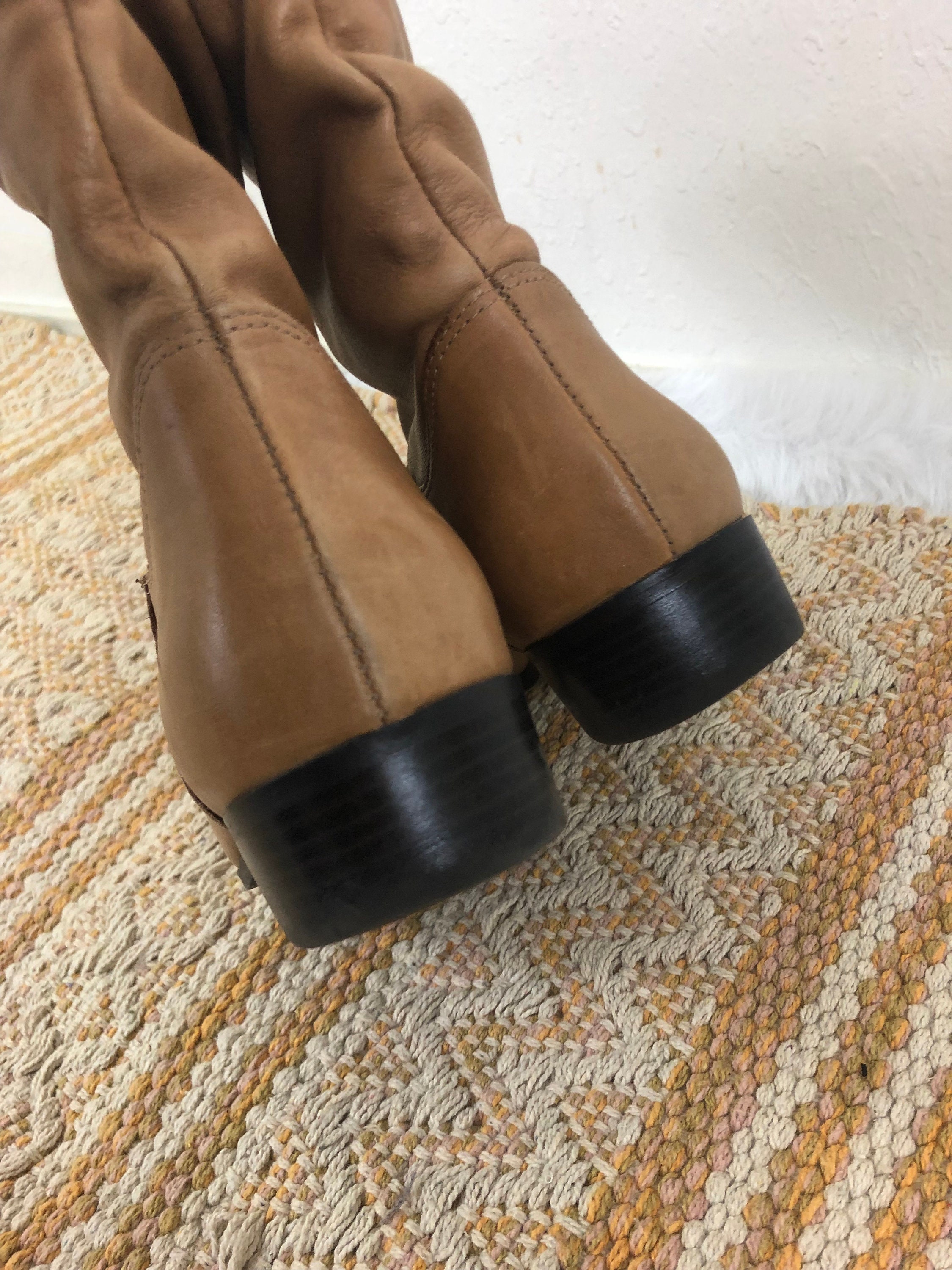 Vintage 80s Butterscotch Tan Slouchy Leather Pull on Boots