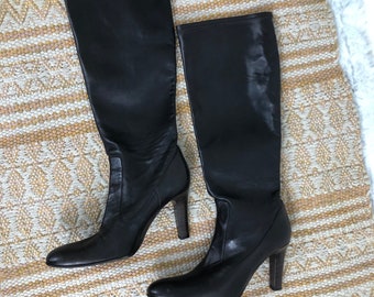 Cole Haan espresso brown knee high soft leather pointed toe stiletto boots size 10b 10 b 10n narrow dark brown boho sexy sophisticated boots