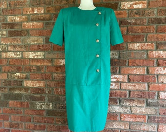vintage 80s green shift dress size 10 Large L bright kelly green knit woven canvas short sleeve knee length midi mini dress business bold
